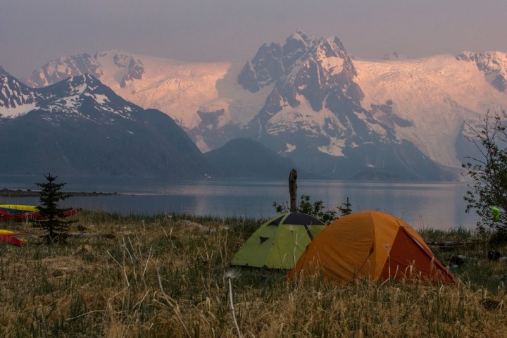 a tent in a field with a mountain in the background